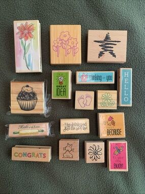 New and used Rubber Stamps. Lot of 16. Various sizes and themes.